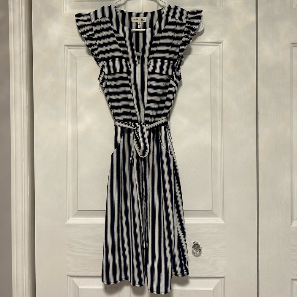 Monteau Navy and White Striped Midi Dress